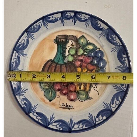 Blue & White wall Fruit Wine Plates‎ 8” Chinoiserie Kitchen Hand painted Signed - Picture 9 of 9